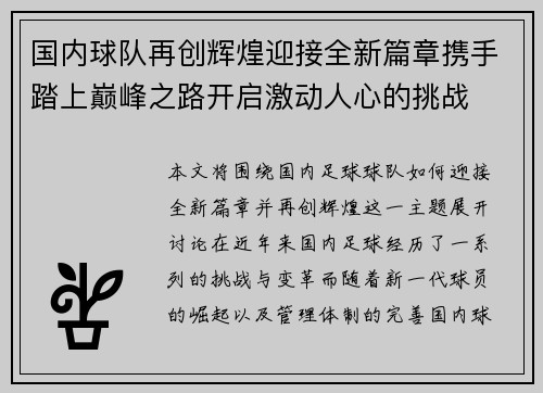 国内球队再创辉煌迎接全新篇章携手踏上巅峰之路开启激动人心的挑战