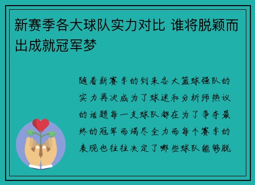 新赛季各大球队实力对比 谁将脱颖而出成就冠军梦