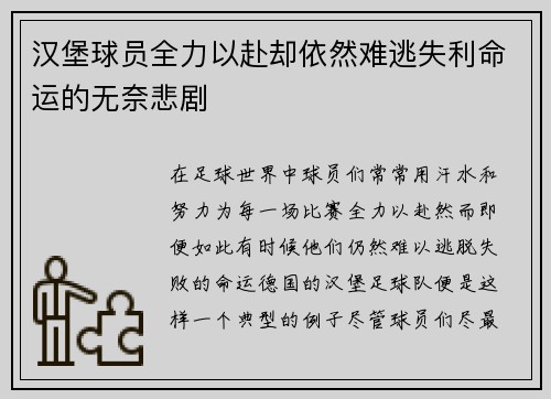 汉堡球员全力以赴却依然难逃失利命运的无奈悲剧