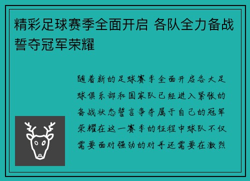 精彩足球赛季全面开启 各队全力备战誓夺冠军荣耀